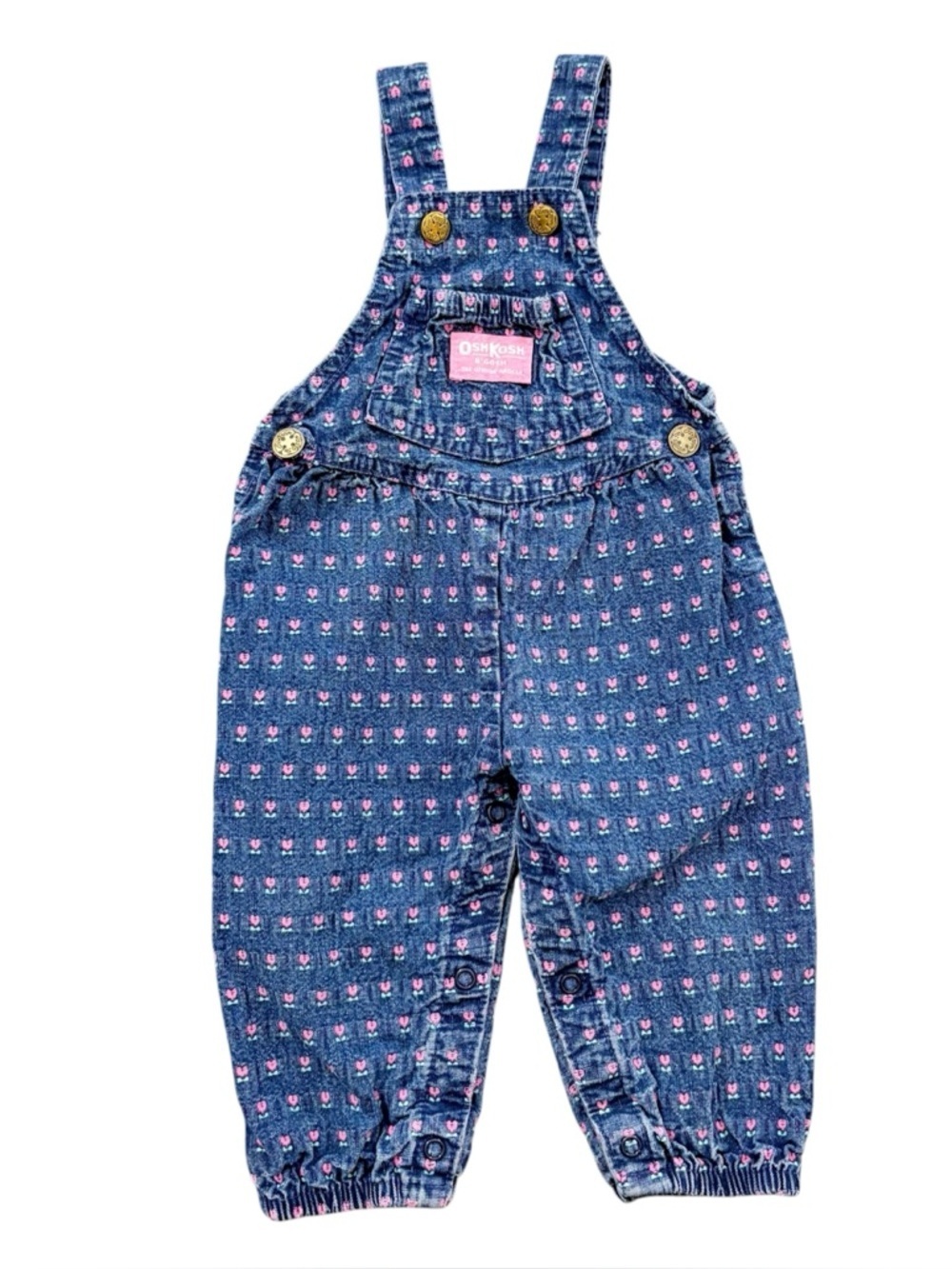 Vintage Union Made OshKosh B'gosh Pink Floral Blue Denim Overalls 12M